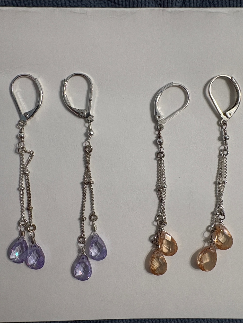 Silver Drop Dangle Earrings with Purple and Peach Stones